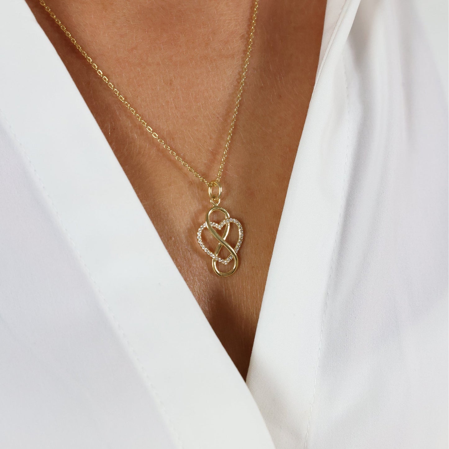 Halskæde med Vedhæng Forever Love 8 Karat Guld Cubic Zirkonia Forgyldt Sterling Sølv Kæde 45 cm