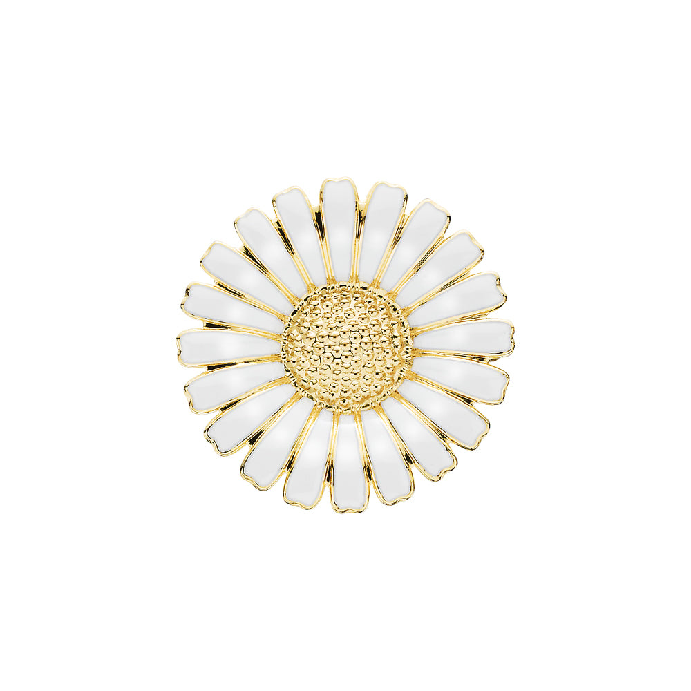 Marguerit broche med, 36mm, 24 kt guldbelagt sølv, hvid emalje