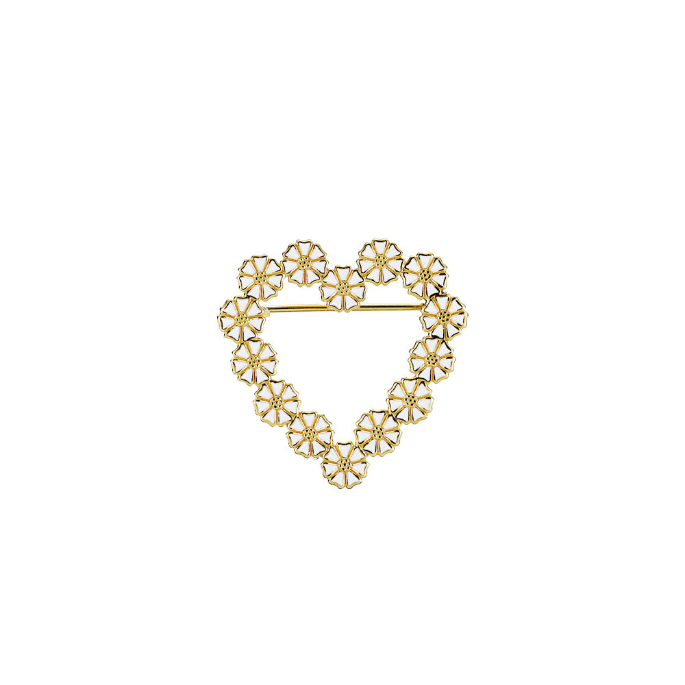 Marguerit broche hjerte, hvid emalje 24 kt guldbelagt sølv.