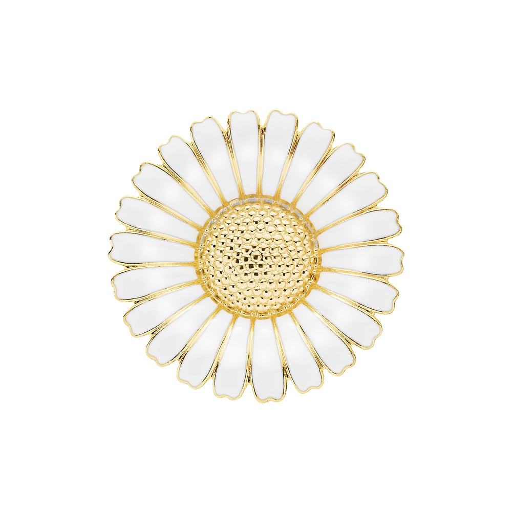 Marguerit broche,43mm, 24 kt guldbelagt sølv, hvid emalje