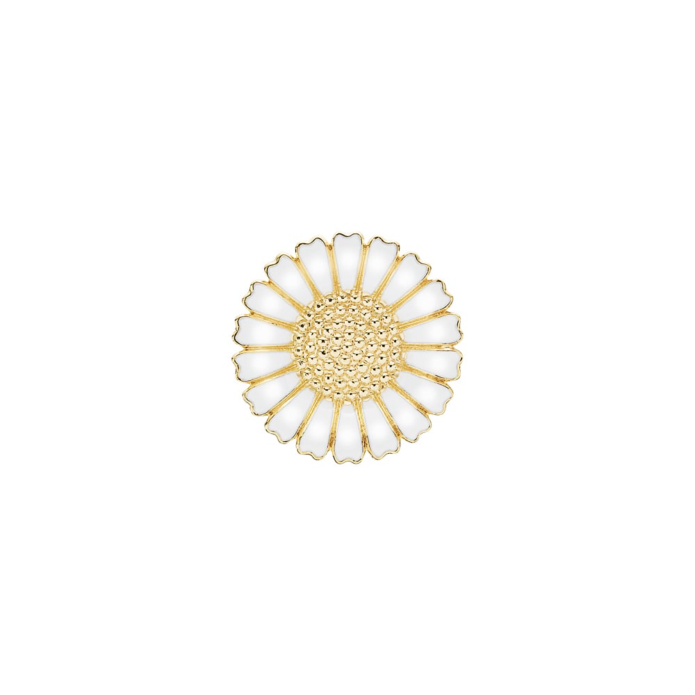Marguerit broche, 25mm, 24 kt guldbelagt sølv, hvid emalje