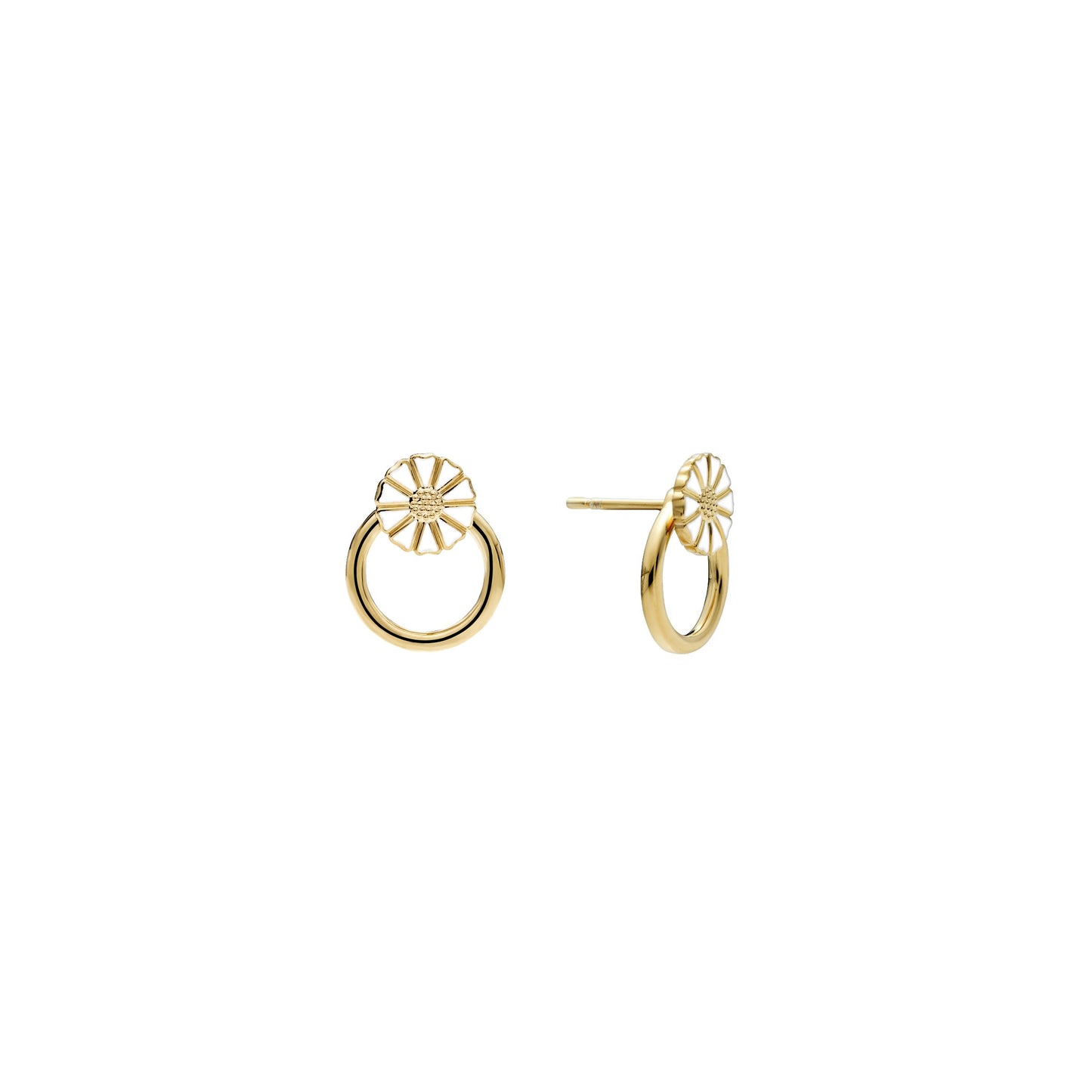Marguerit ørestik, 7,5mm med løs ring, dia.8mm, 24 kt guldbelagt sølv, hvid emalje