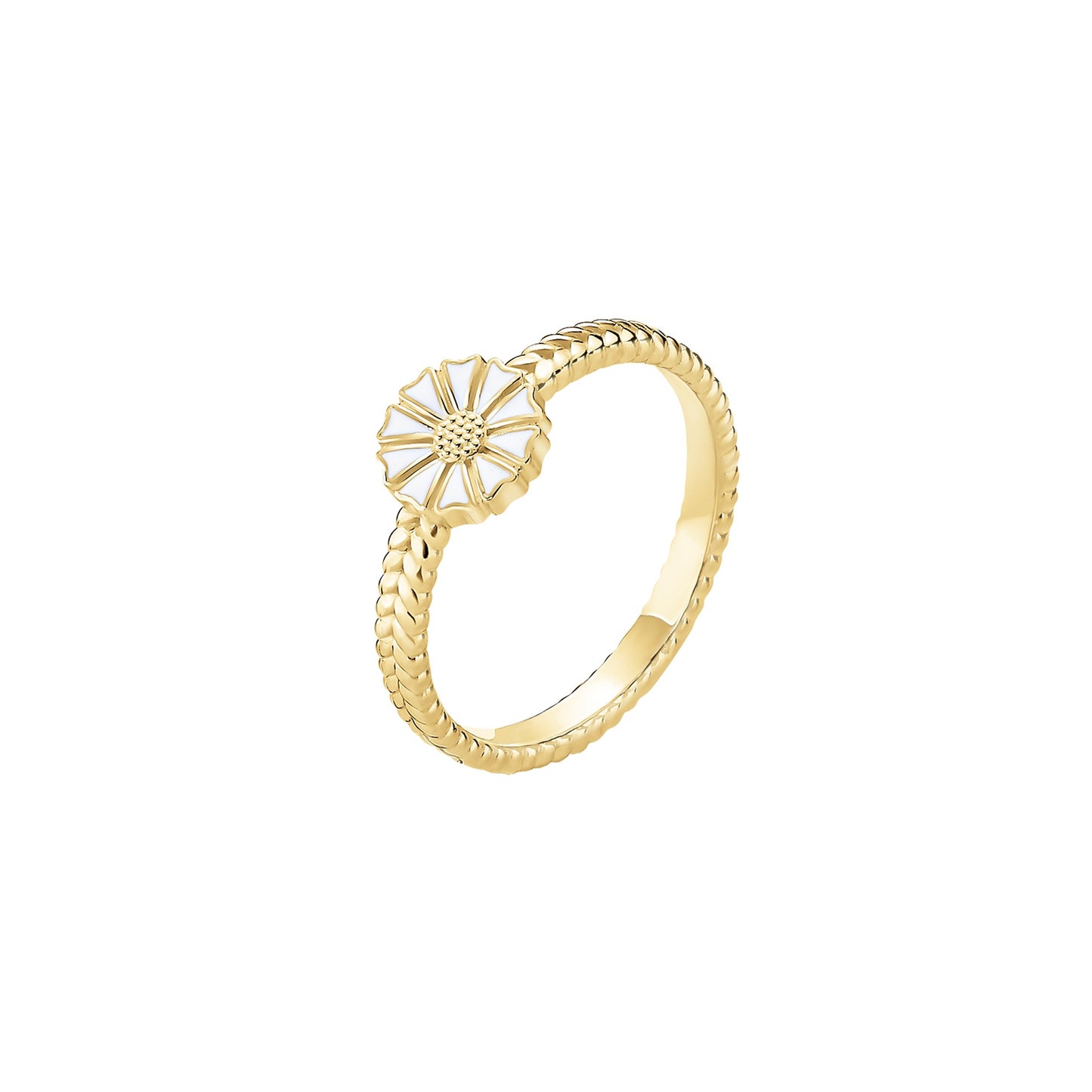 Marguerit ring, 24kt guldbelagt sølv, flettet, hvid emalje