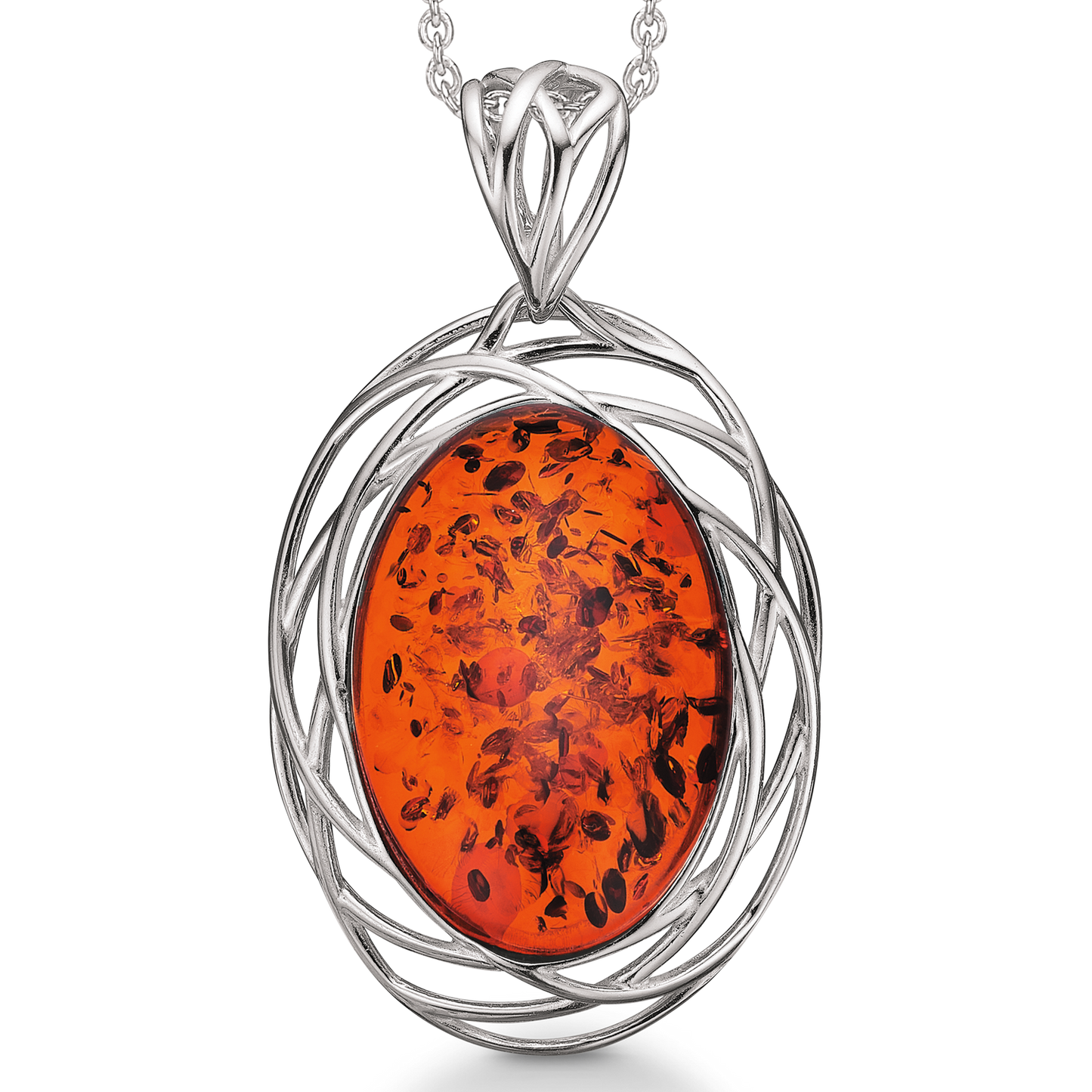 Sølv halskæde rhodineret oval rav med streger rundt om