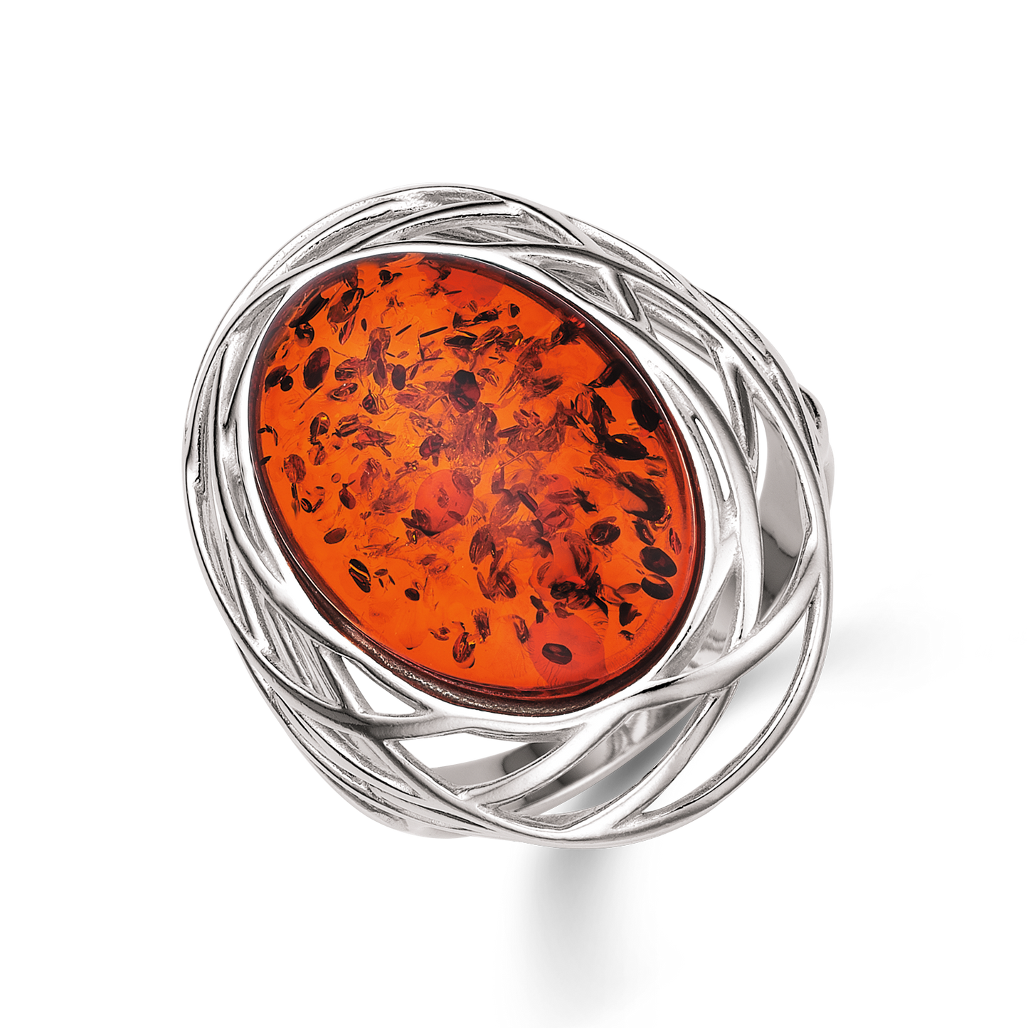 Sølv ring rhodineret oval rav med streger rundt om