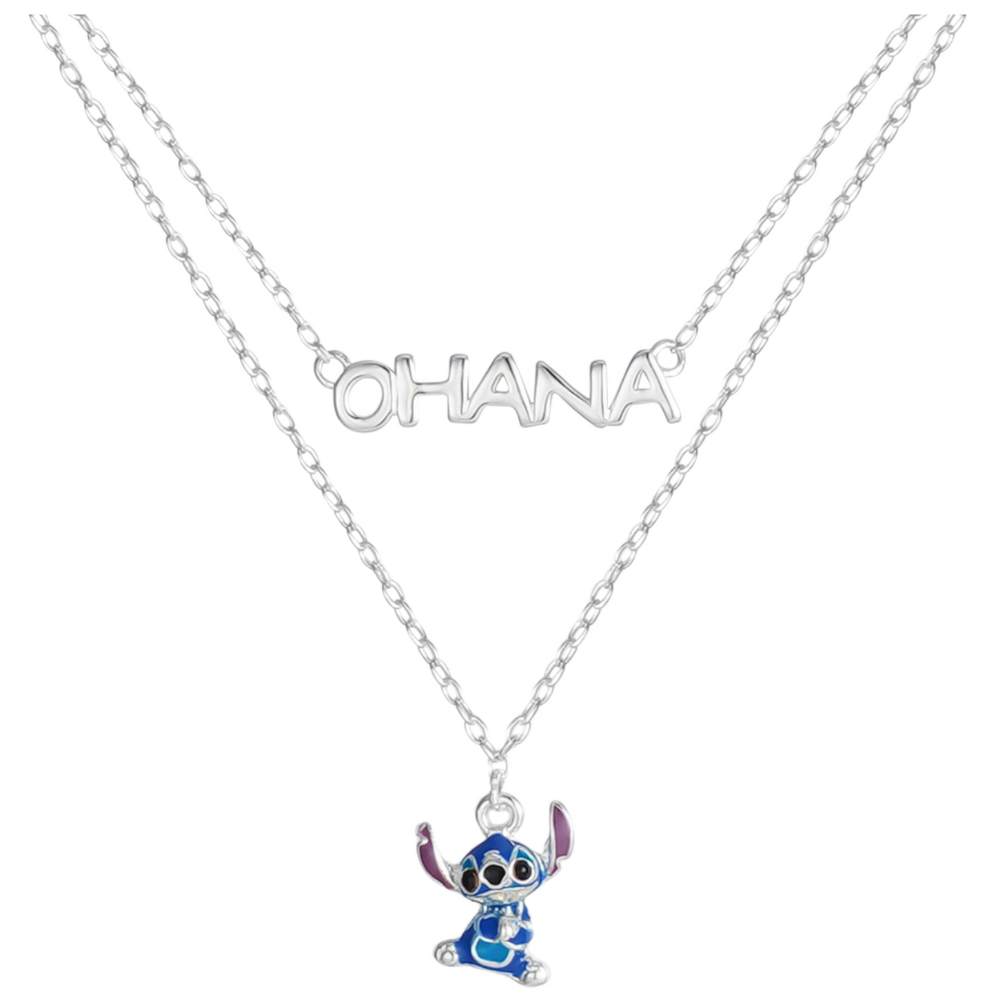Sølv halskæde Stitch med teksten OHANA.på dobbelt kæde.