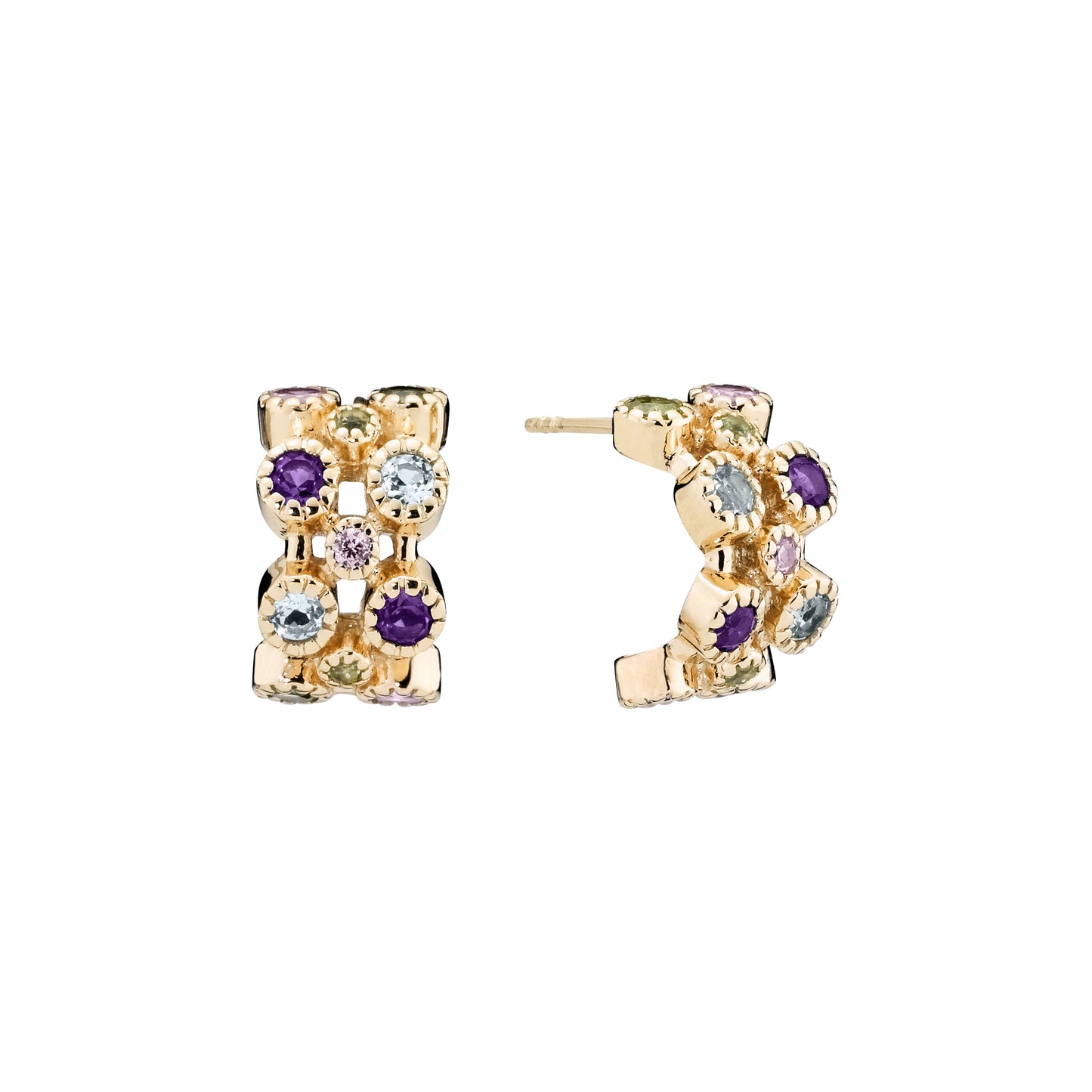 8 kt. guld ørestikker med mix af peridot, pink zirkonia, ametyst og topaz