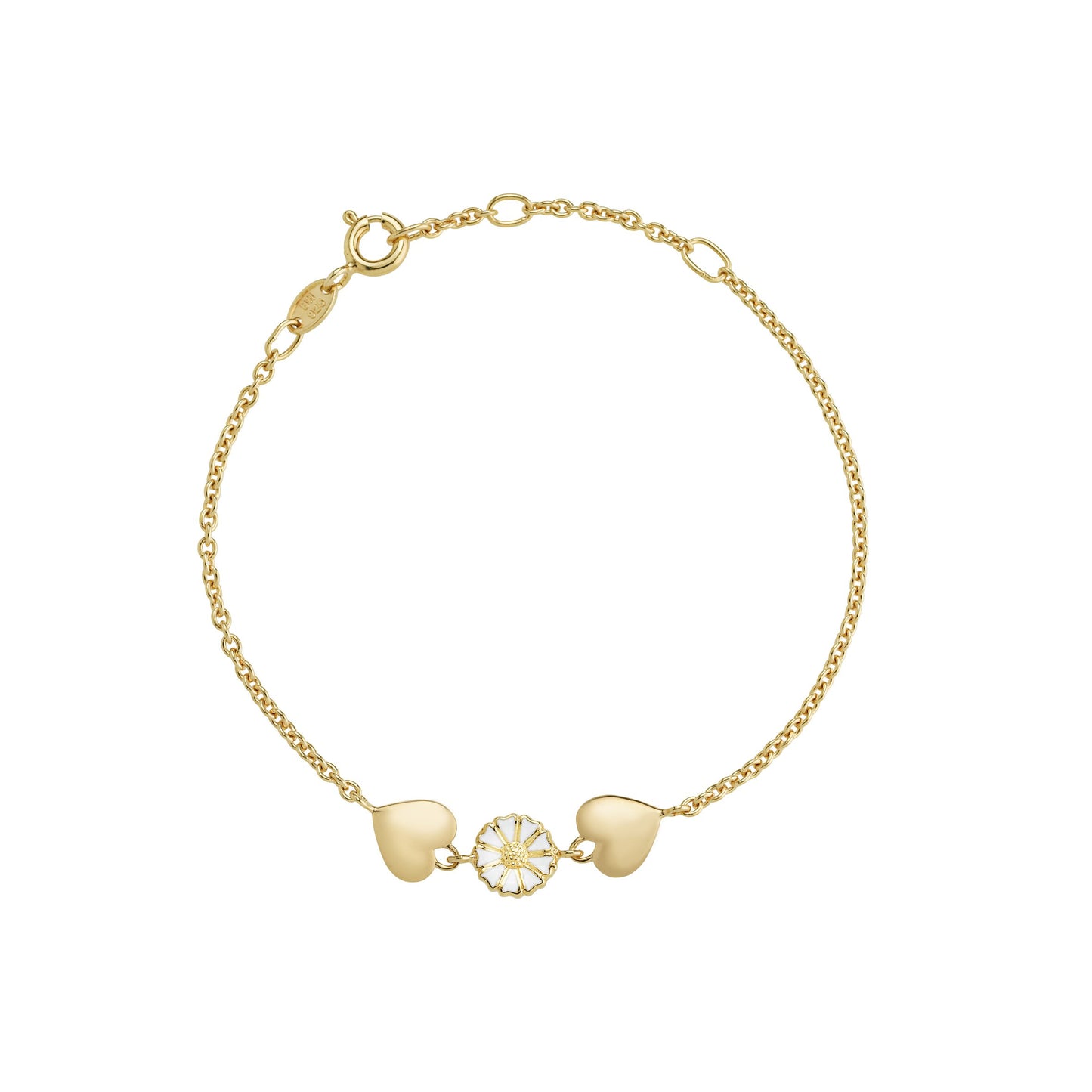 Marguerit armbånd, 2 hjerter, mat, 24 kt guldbelagt sølv, hvid emalje