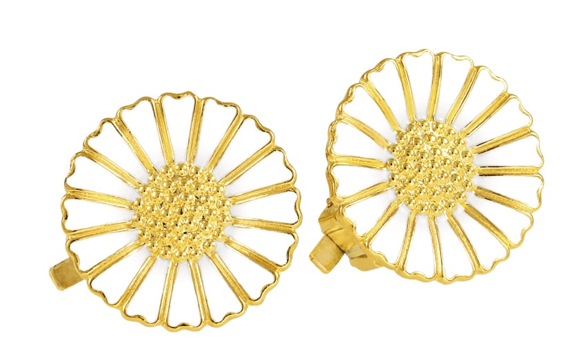 Marguerit, øreclips, 18mm, 24 kt guldbelagt sølv, med hvid emalje