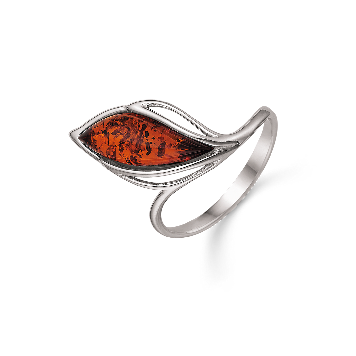 Sølv ring rhodineret blad med rav. Mål: 21 x10 mm.