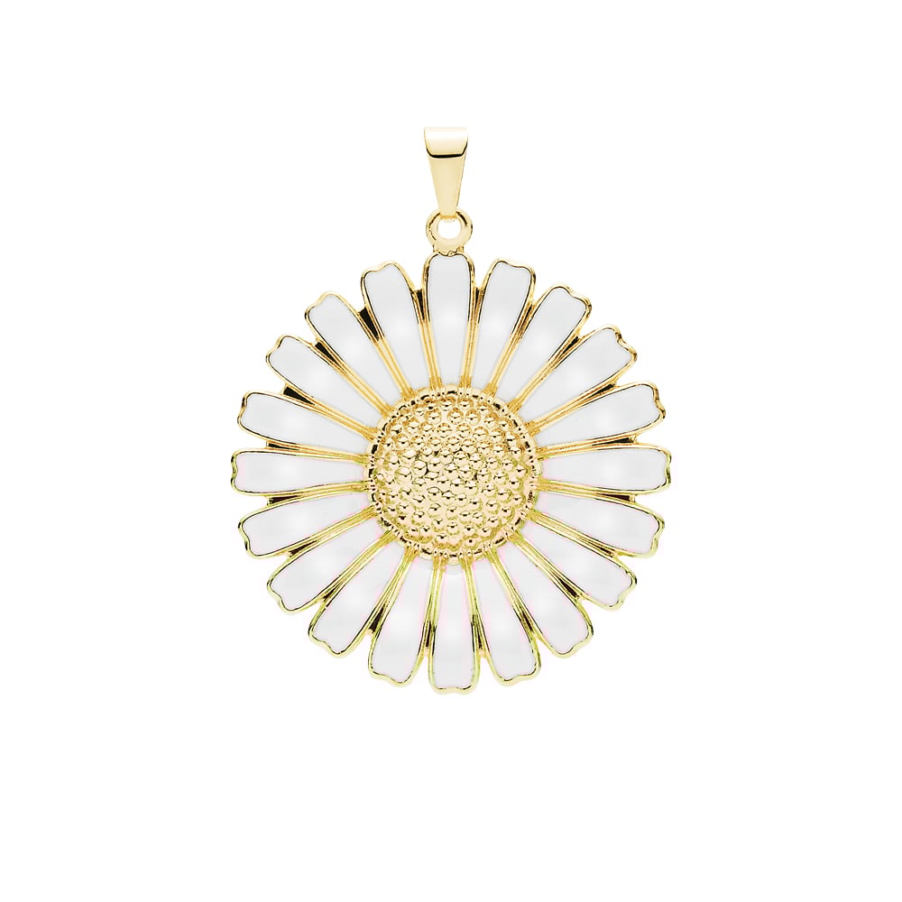 Marguerit vedhæng 36mm, 24 kt guldbelagt sølv, hvid emalje