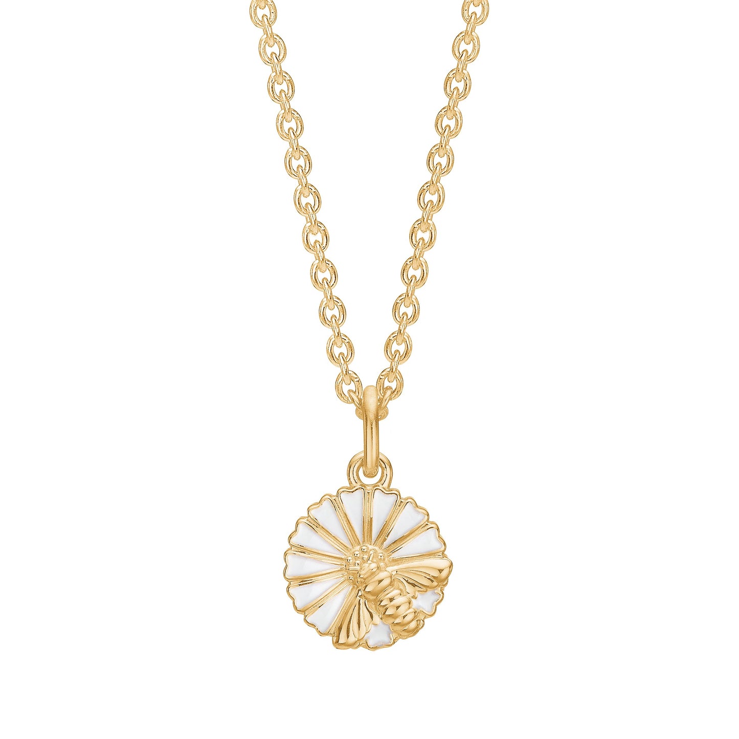 Marguerit collier, 11 mm, med bi ,24kt guldbelagt sølv,hvid emalje, 45-48cm