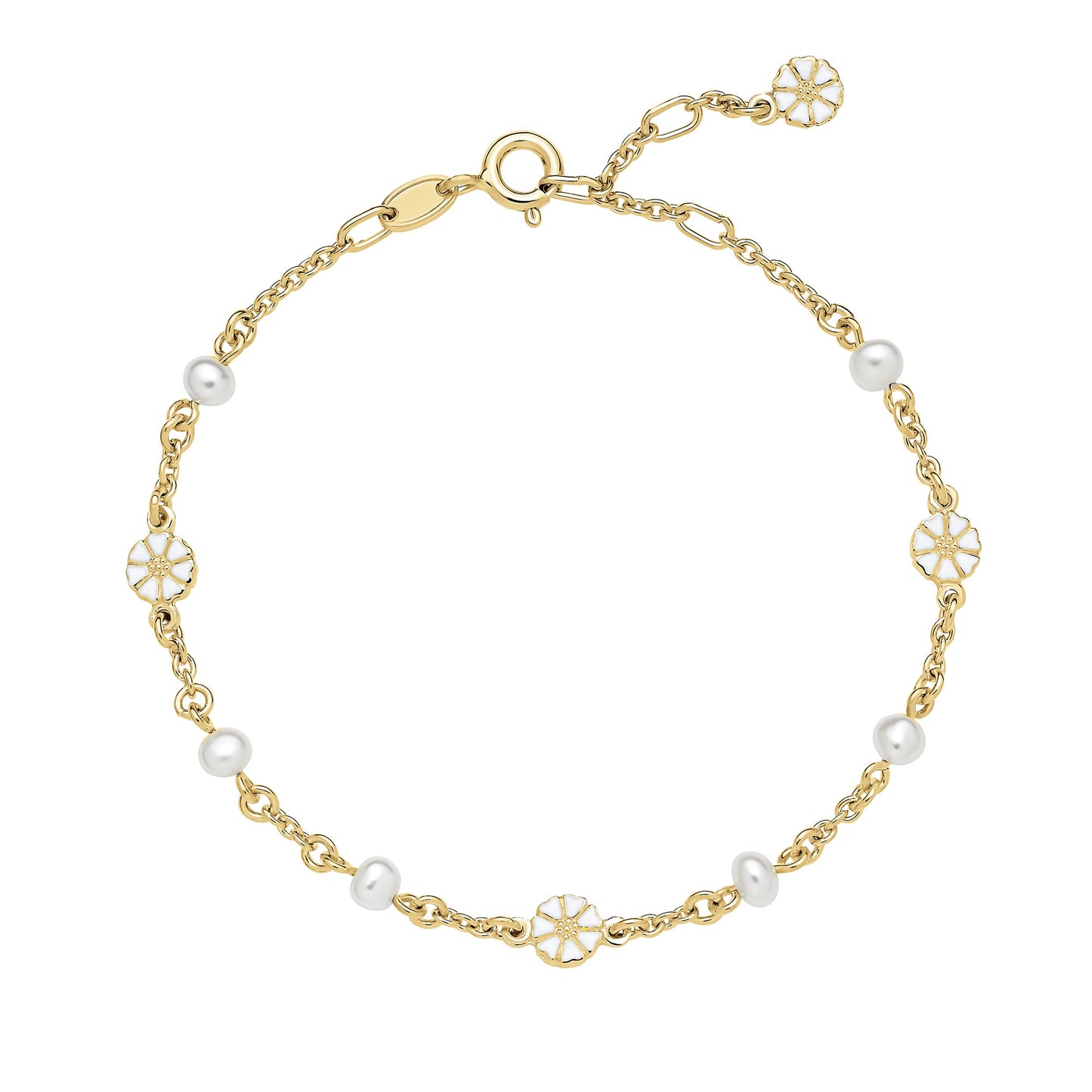 Marguerit armbånd, ferskvandsperler, 24kt guldbelagt sølv, hvid emalje