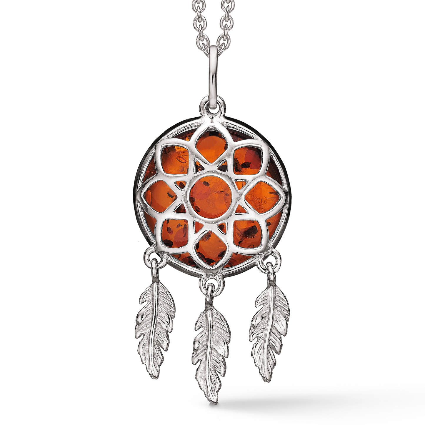 Sølv halskæde rhodineret drømmefanger med rav.