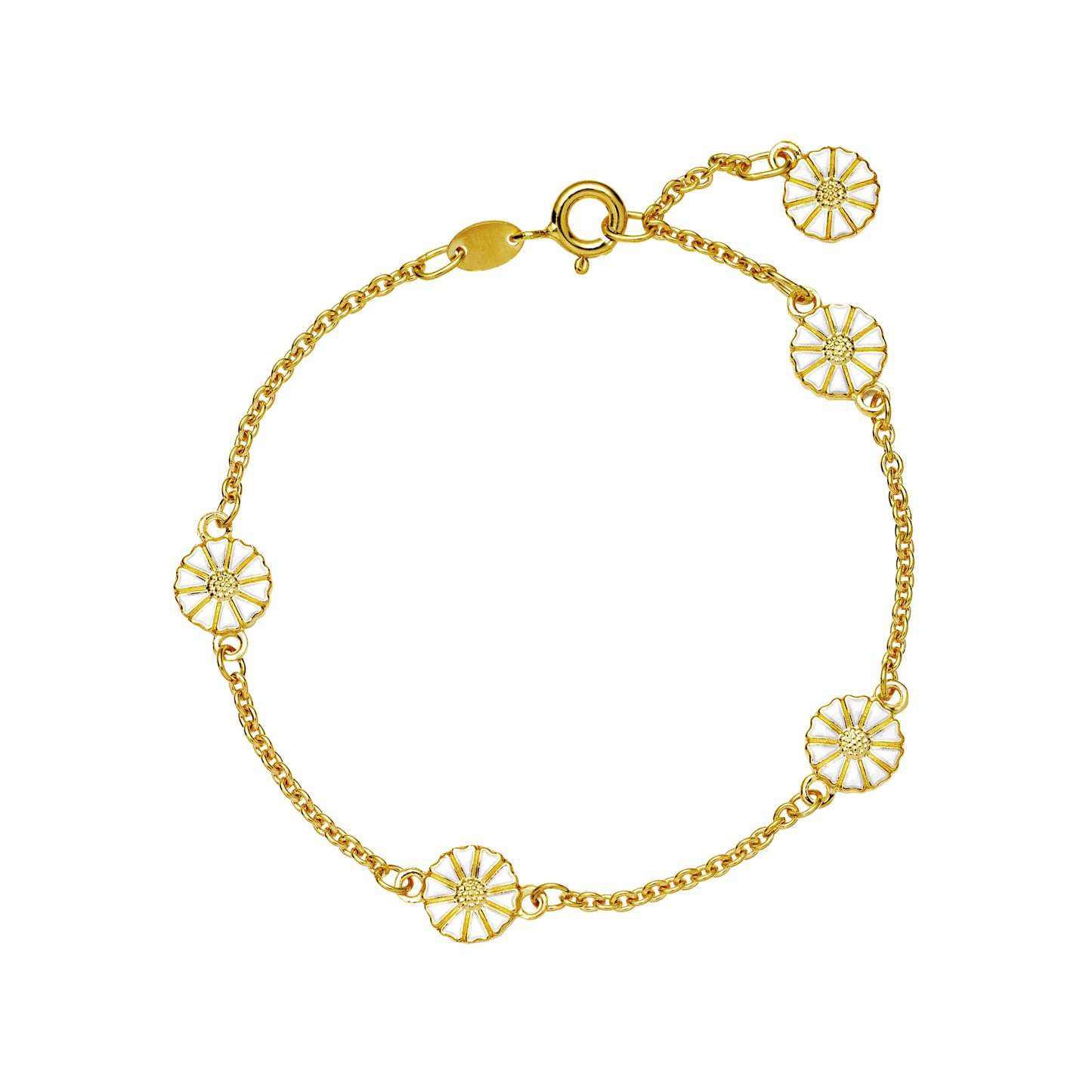 Marguerit armbånd, 24 kt guldbelagt sølv, hvid emalje