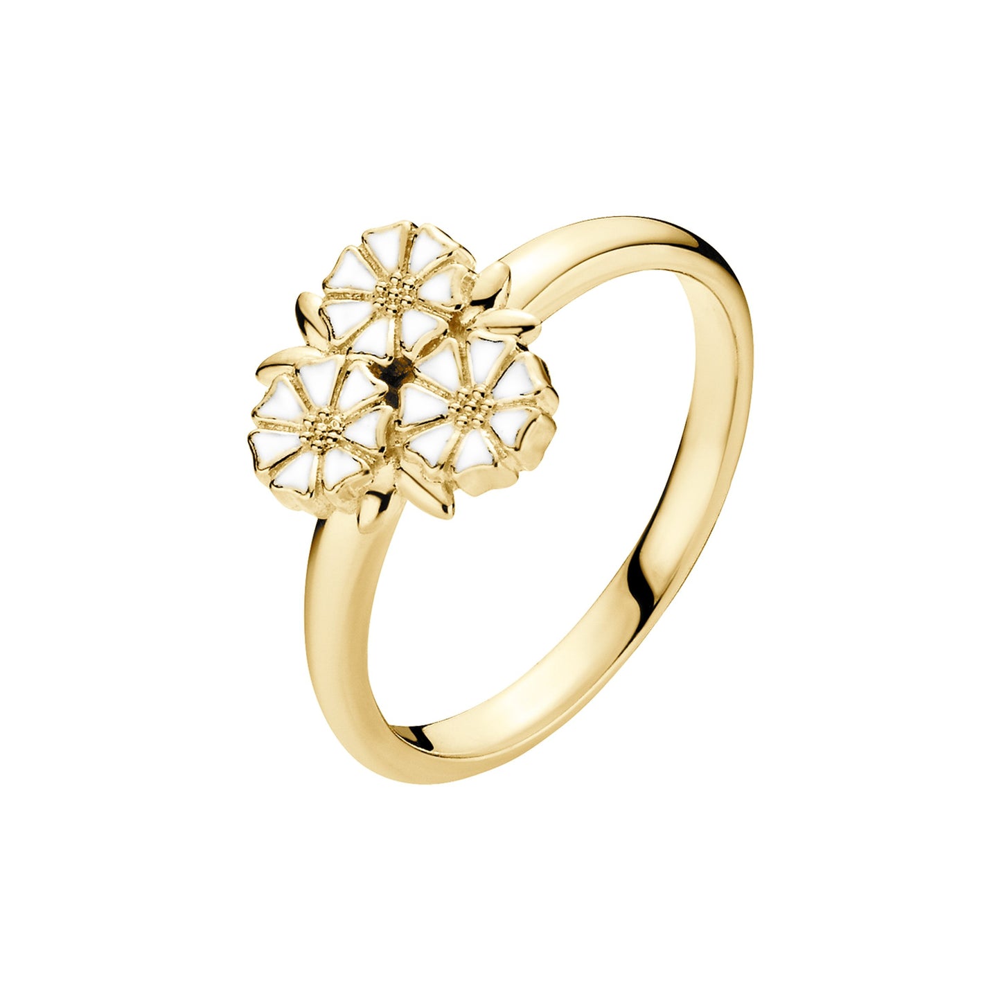 Marguerit, ring blad, 24kt guldbelagt sølv, hvid emajle