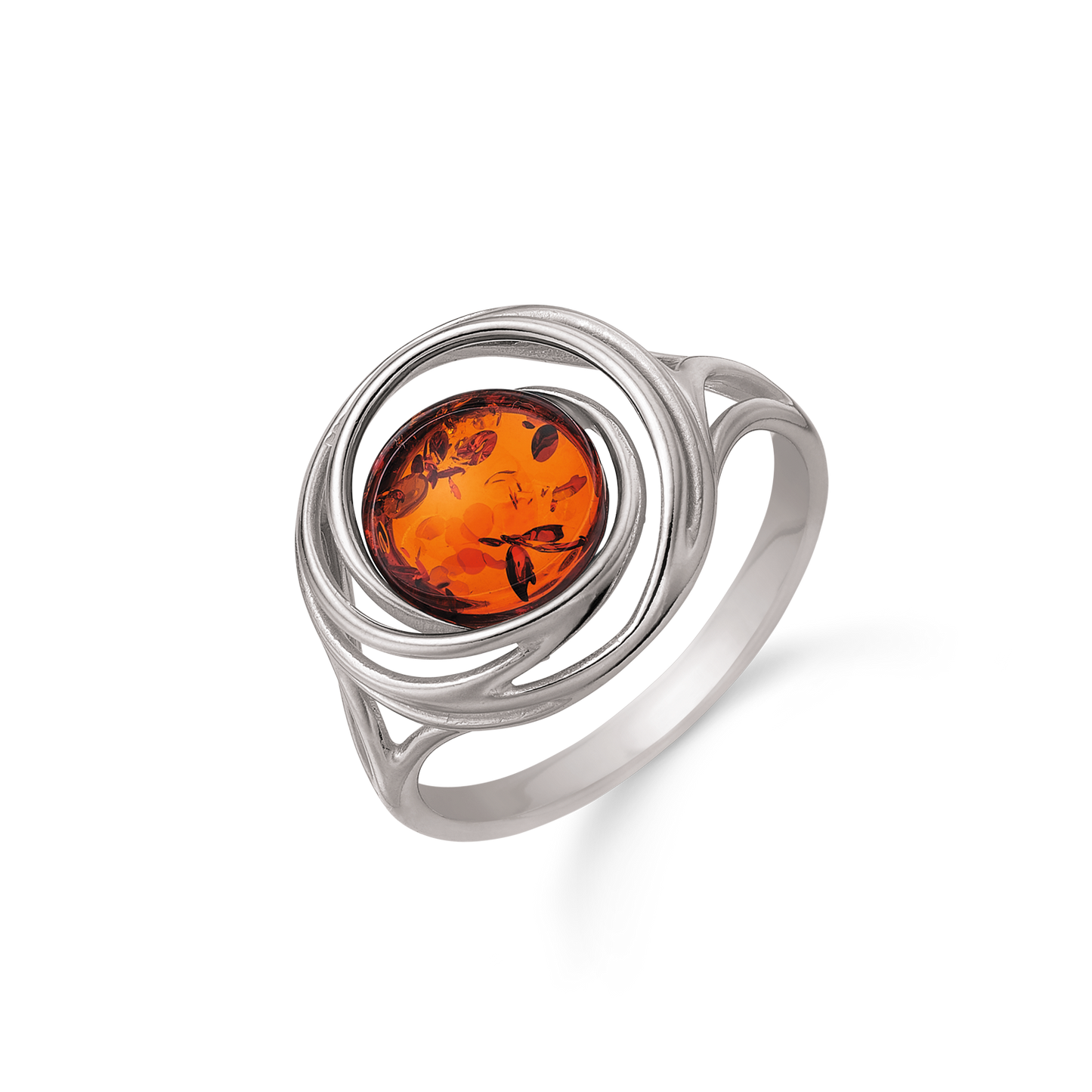 Sølv ring rhodineret rav i ring med dobbelt ring omkring.