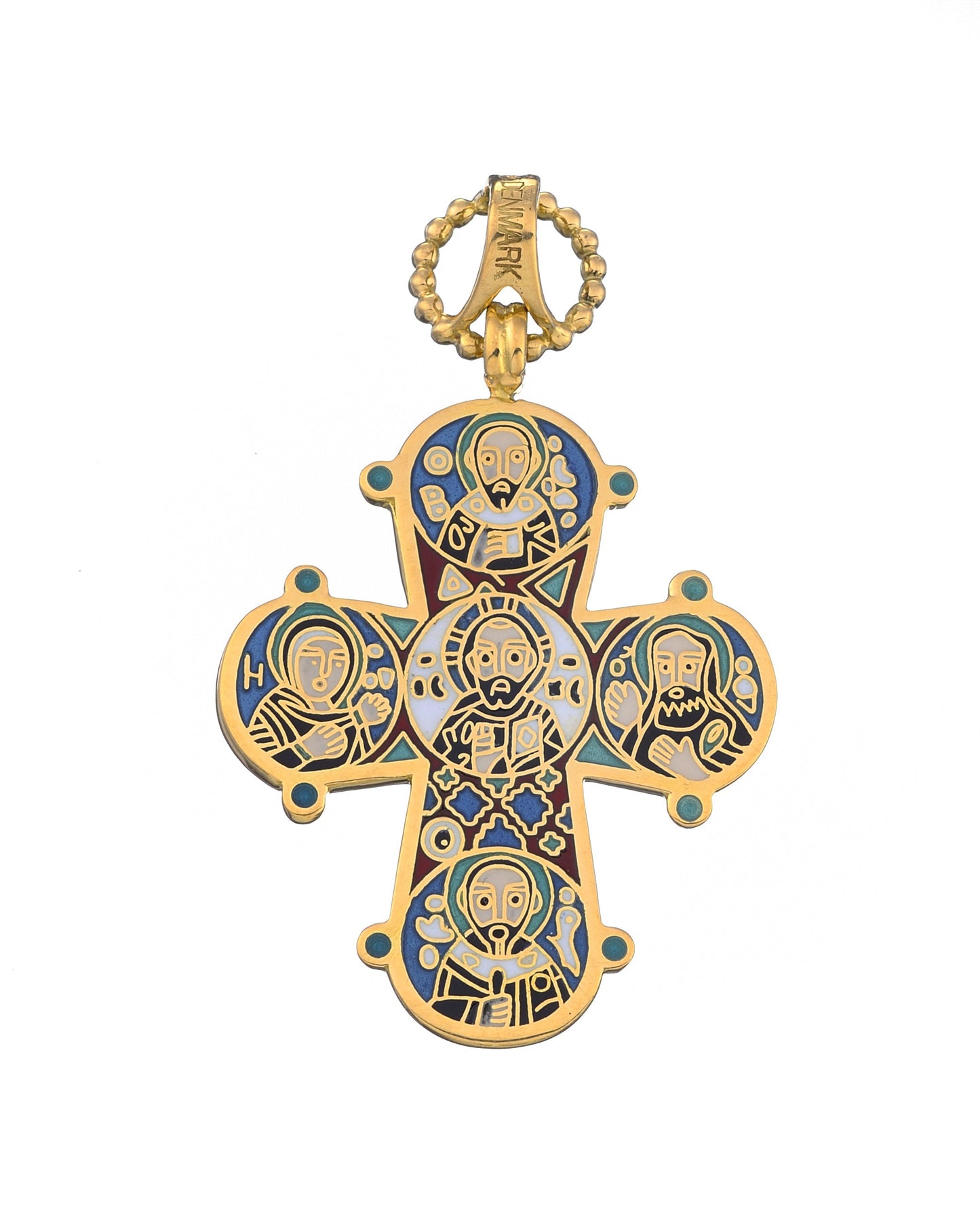 18 kt. guldvedhæng, Dagmarkors med farvet emalje 37x31mm