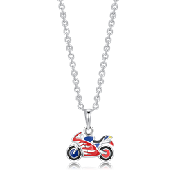 Sølv halskæde motorcykel med rød og sort emalje.