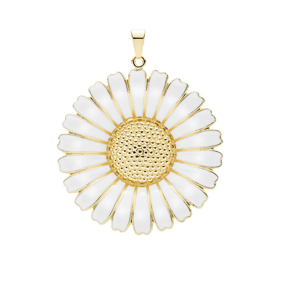 Marguerit vedhæng, 43mm, 24 kt guldbelagt sølv, hvid emalje