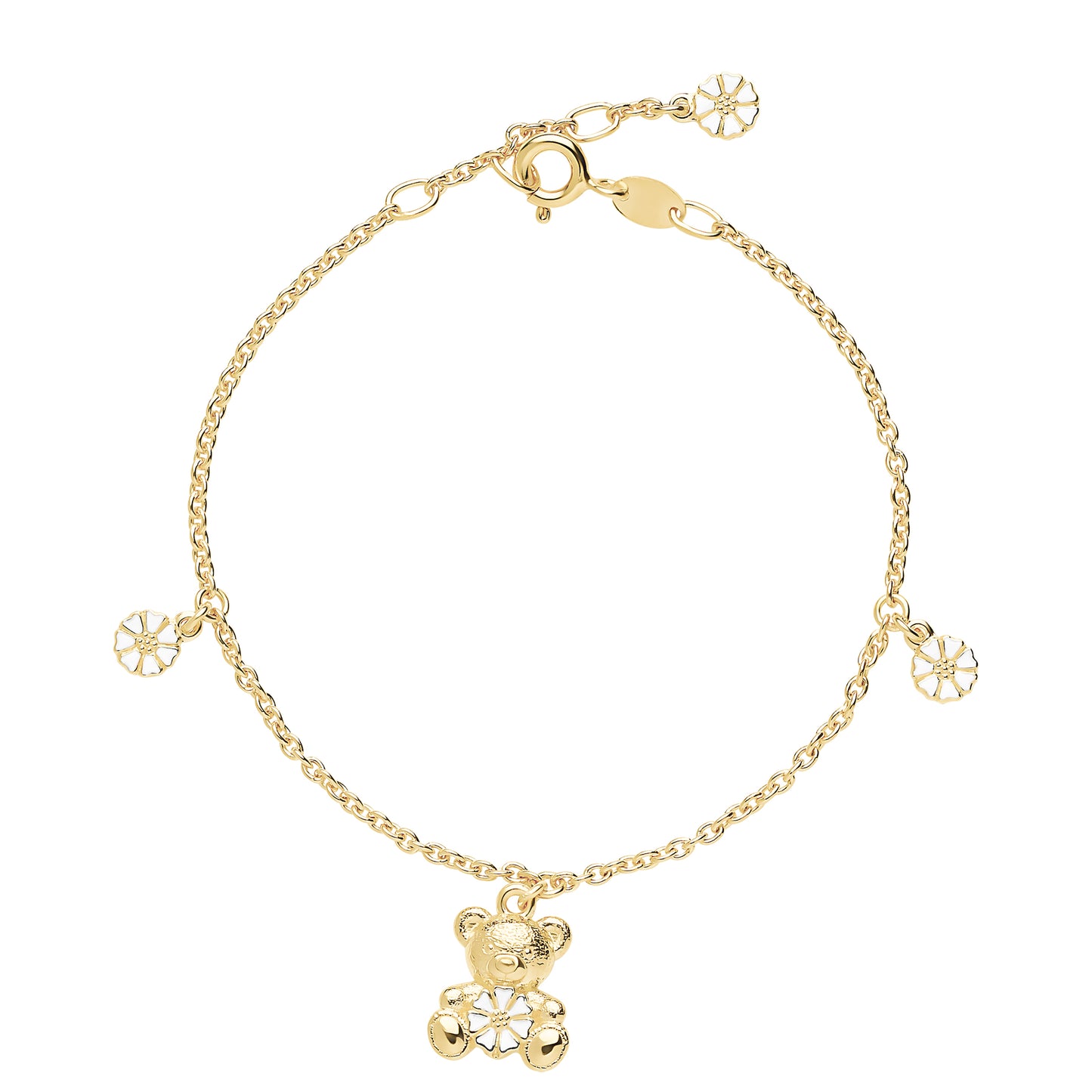 Marguerit armbånd, med bamse 24kt guldbelagt sølv, hvid emalje