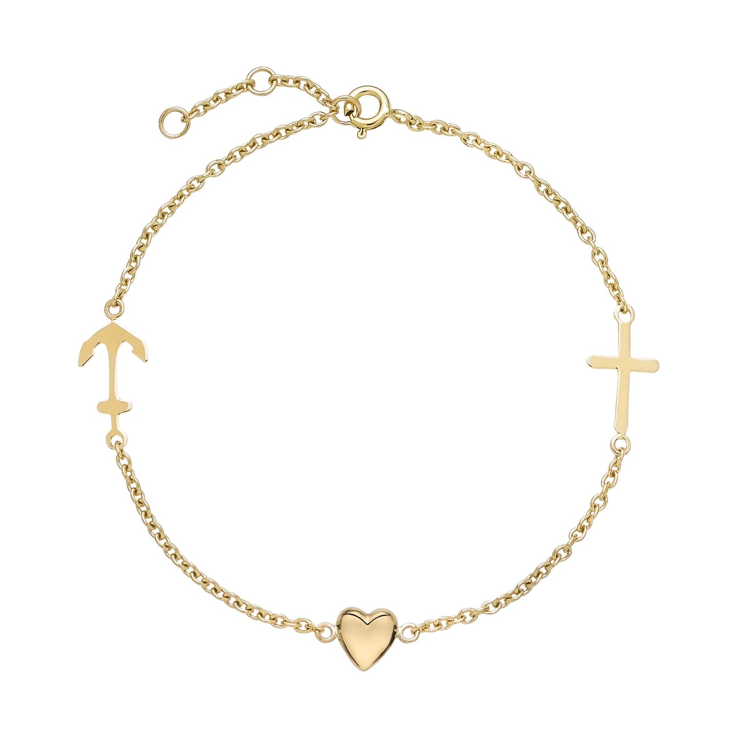8 kt. guld armbånd med tro, håb og kærlighed 17-18-19 cm