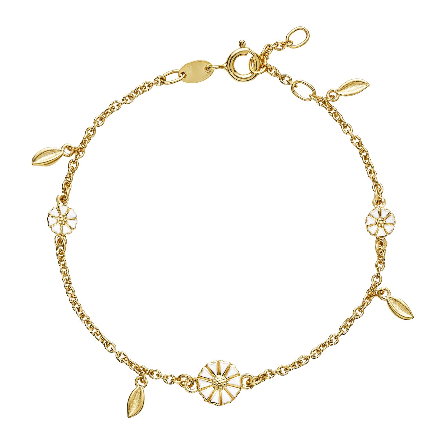 Marguerit armbånd med 4 blade 24 KT guldbelagt sølv hvid emalje 17-18-19 cm 925