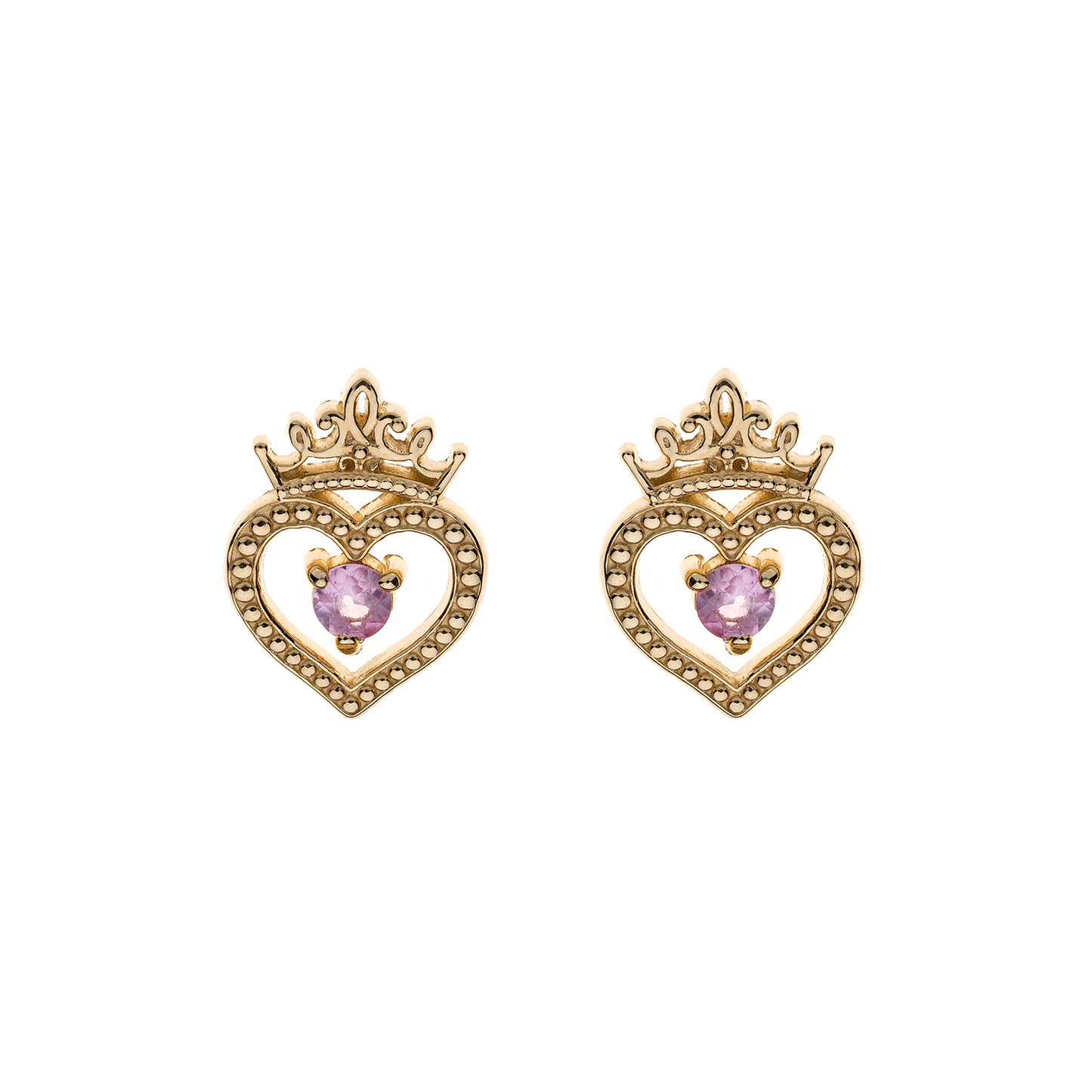 9 kt. guld ørestikker krone med hjerte og pink safir midten.