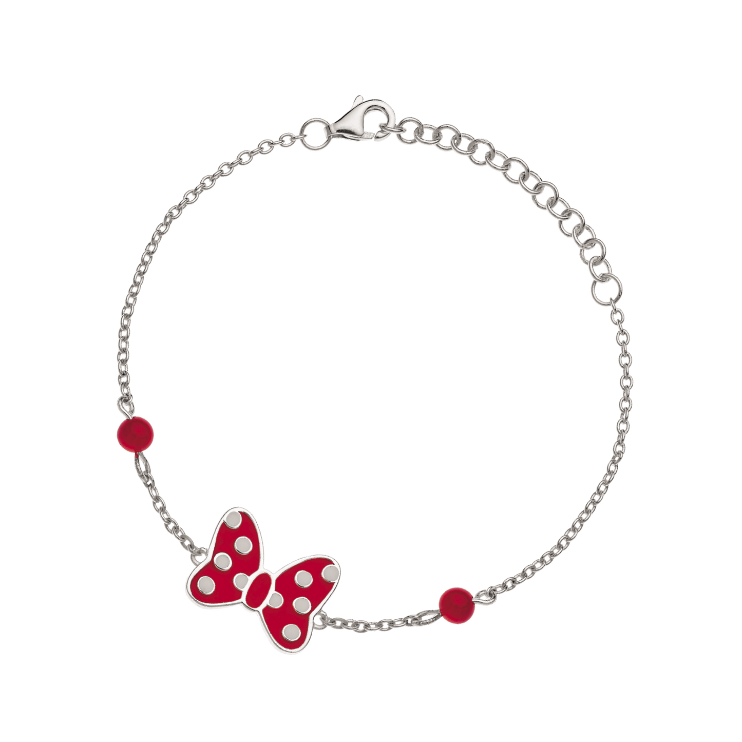 Sølv armbånd Minnie Mouse med rød sløjfe med hvide prikker.