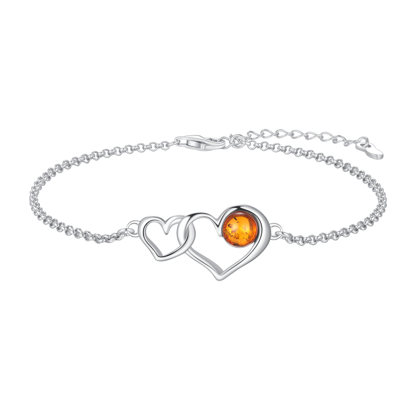 Sølv armbånd rhodineret dobbelt hjerte med rav i det store af dem.