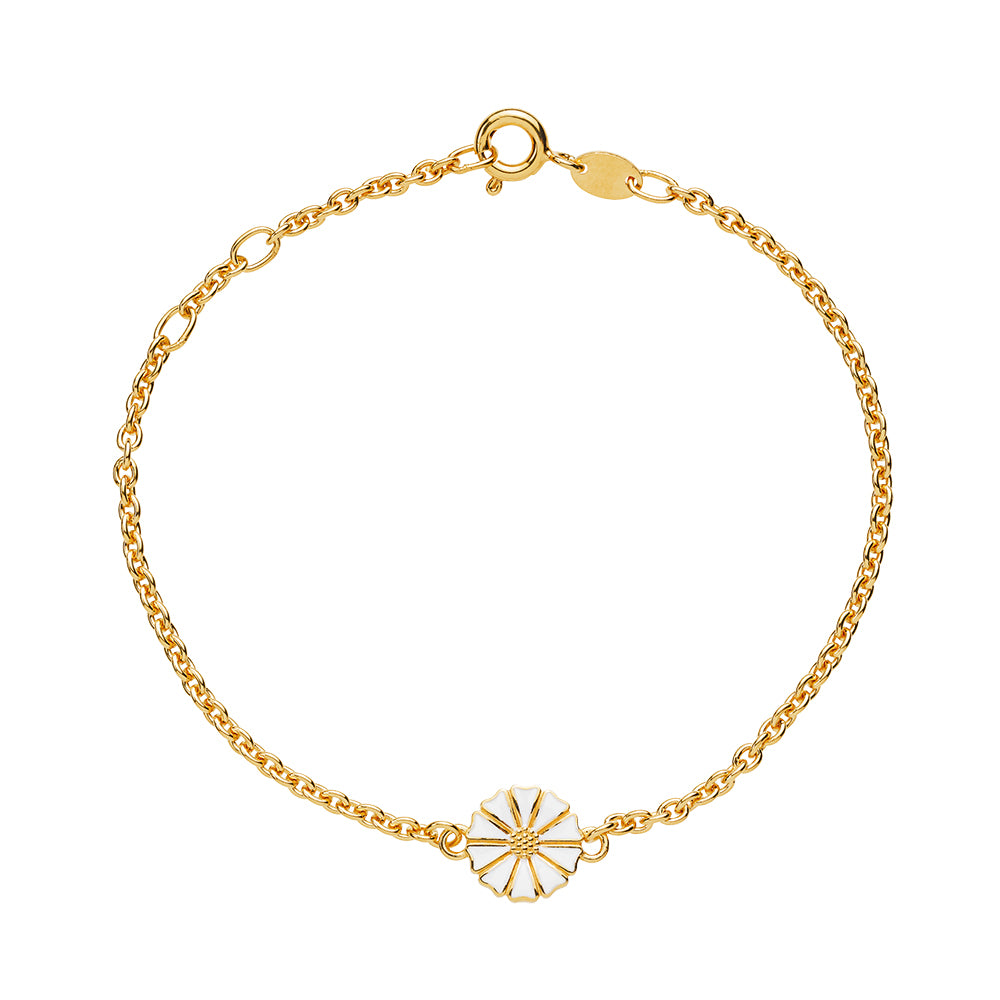 Marguerit armbånd, 9mm 24 kt guldbelagt sølv, hvid emalje