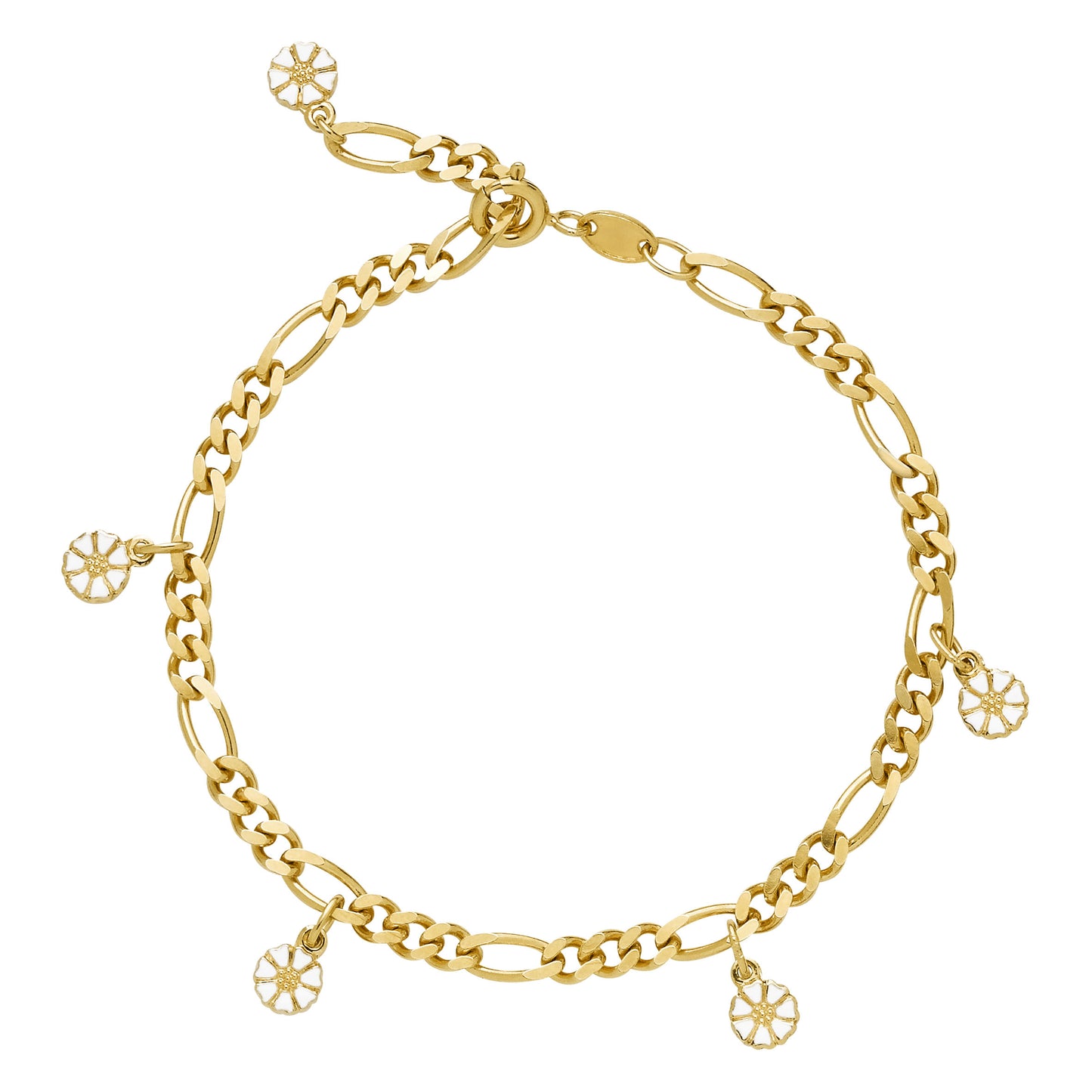 Marguerit armbånd figaro,24kt guldbelaggt sølv. hvid emajle