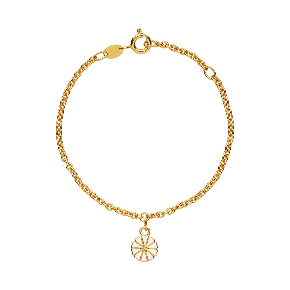 Marguerit armbånd, 7,5mm, 24 kt guldbelagt sølv, hvid emalje 14-16cm 925