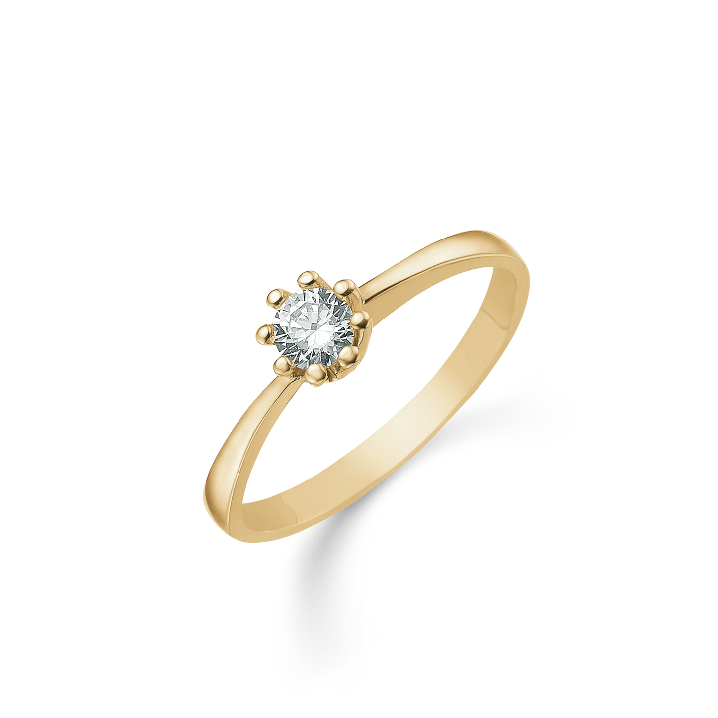 8 kt. guld ring 1 stor syntetisk cubic zirconia med 8 grabber.