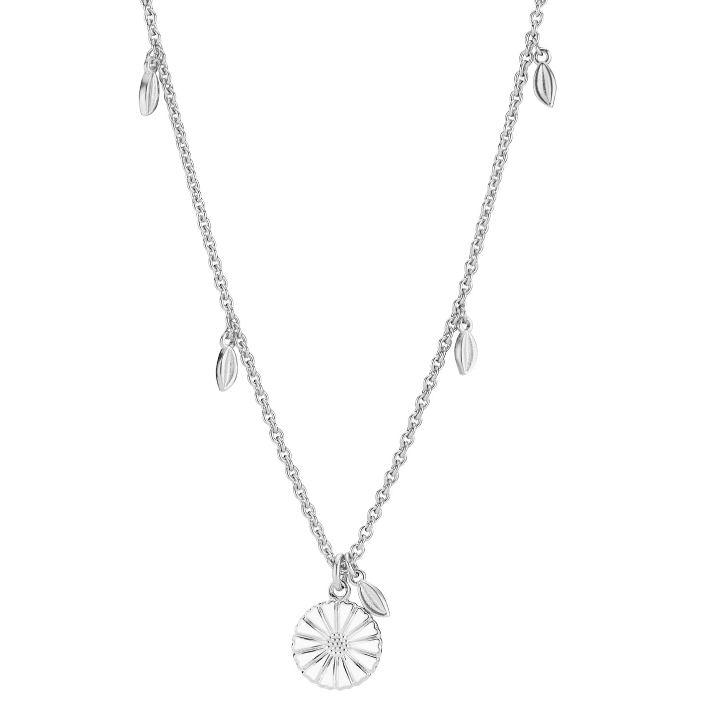 Marguerit collier, 11 mm, med blade, hvid emalje, 45-48 cm, 925 sølv