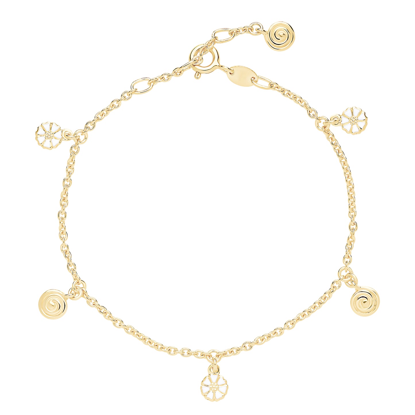 Marguerit armbånd, spiral, 24kt guldbelagt sølv,hvid emalje