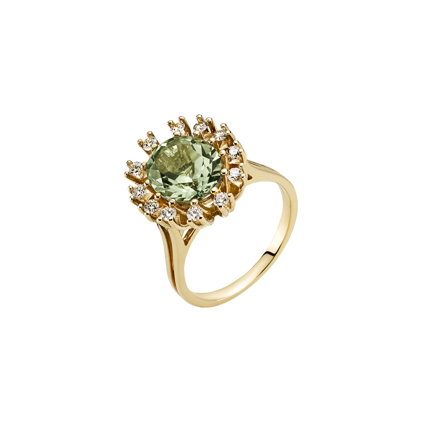14 kt. gulring med grøn ametyst og diamanter 0,36 CT.