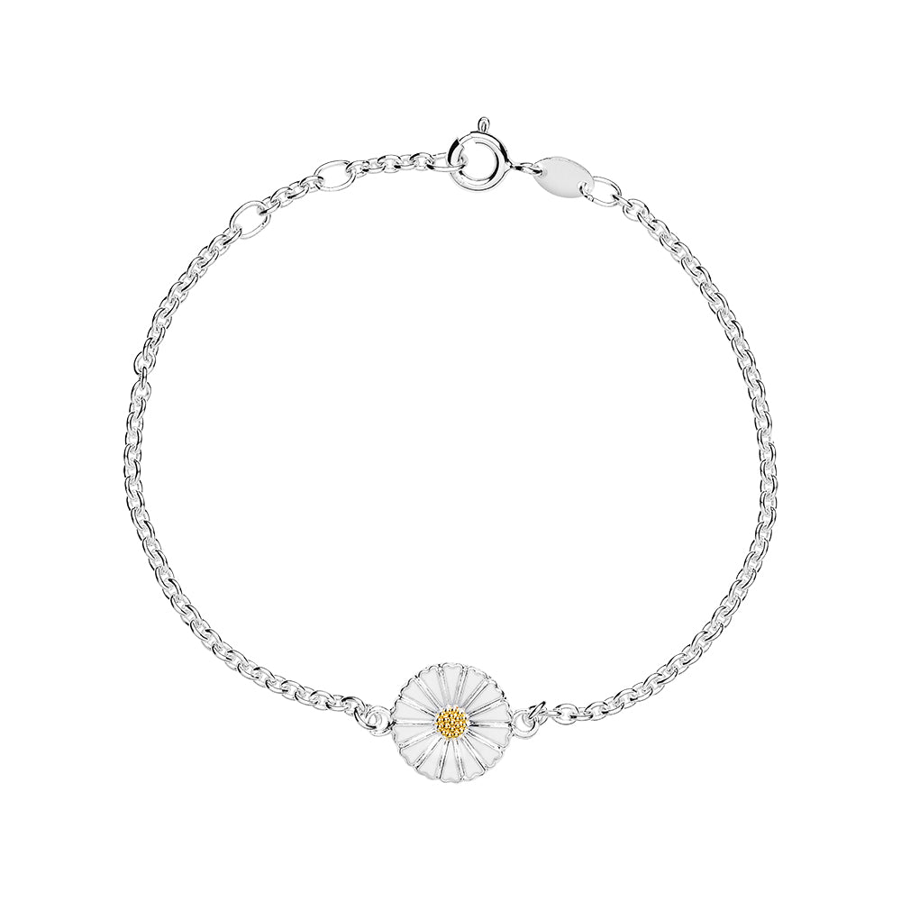 Marguerit armbånd med hvid emalje 24kt guldbelagt sølv i midten 17-18-19cm