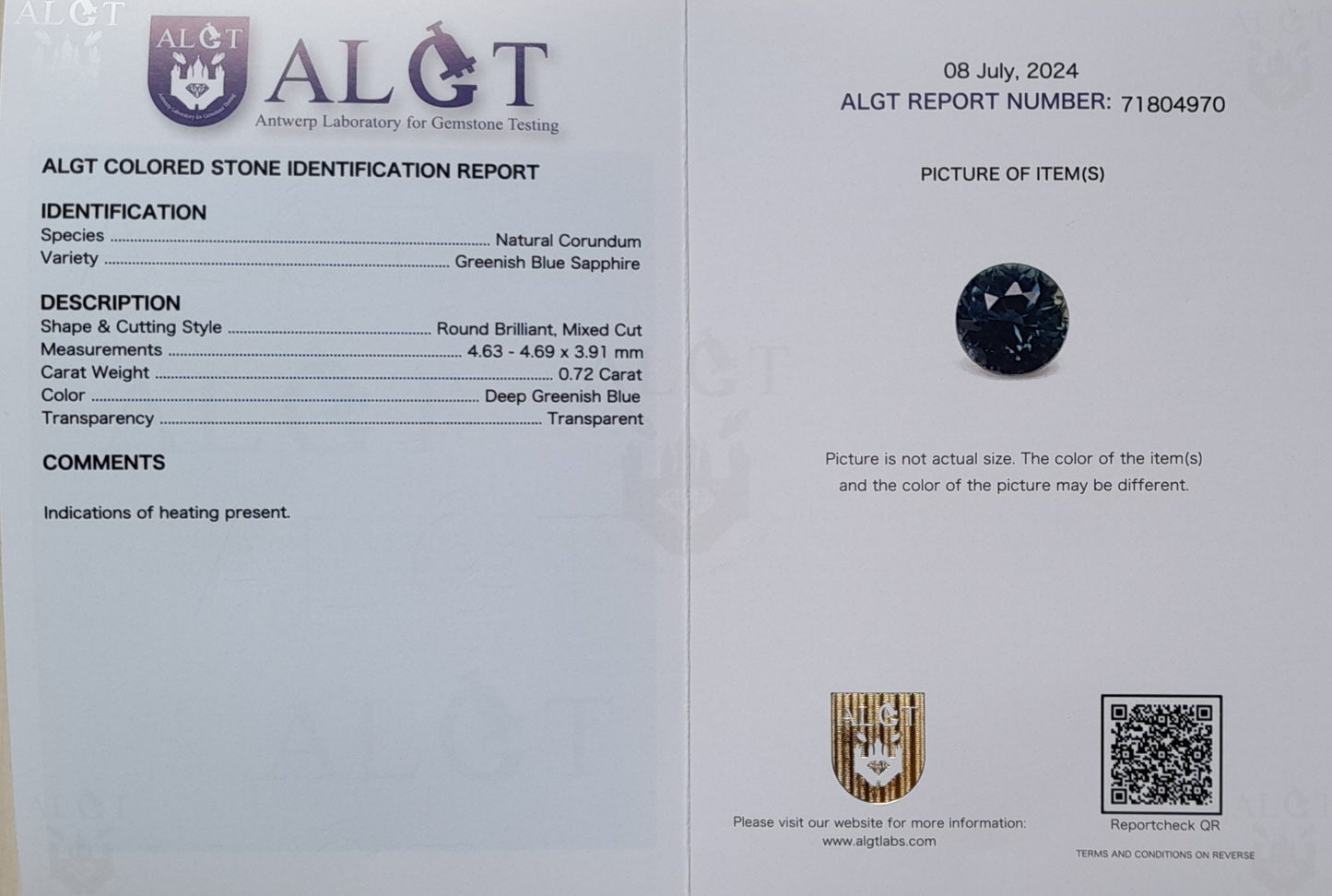 Naturlig Safir, blå/grøn, 0.72 ct.