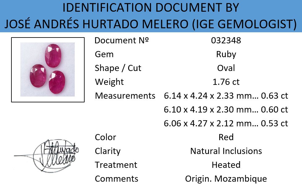 Rubin, ovalslib, 3 stk - samlet 1,76 ct.