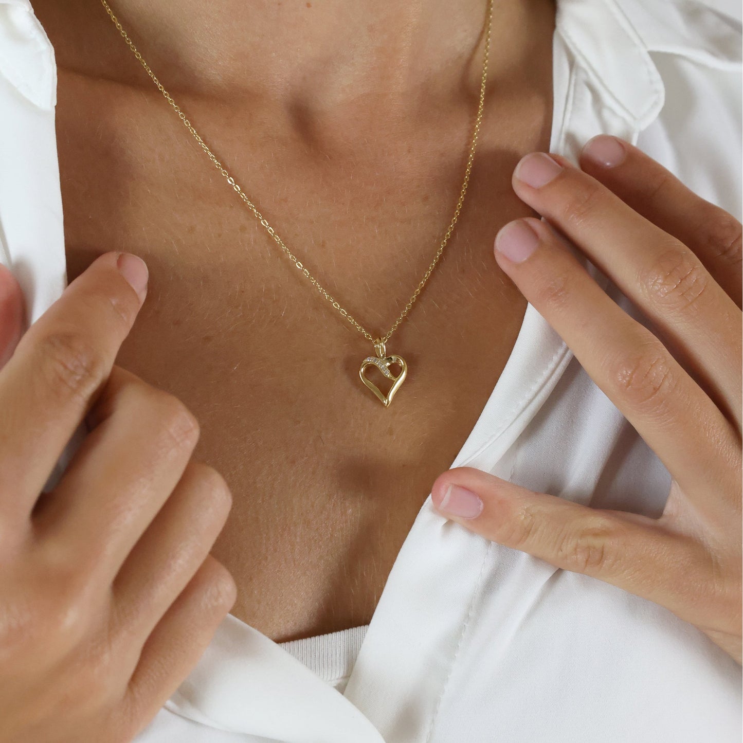 Halskæde med Vedhæng Hjerte Med Cubic Zirkonia 8 Karat Guld Forgyldt Sterling Sølv Kæde 45 cm