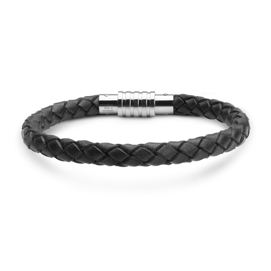 Armbånd Mens Læder Sort Flet med Stål Lås 21 cm