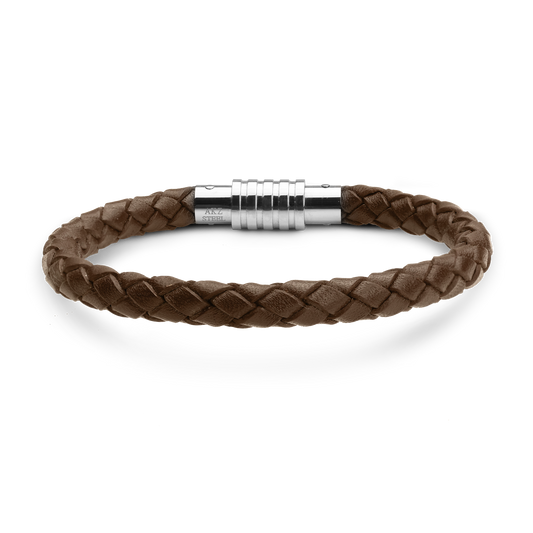 Armbånd Mens Læder Brun Flet med Stål Lås 19 cm