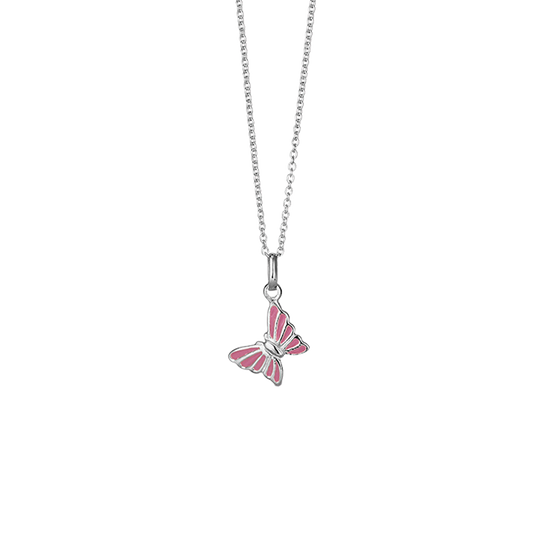 Halskæde til Børn med Pink Emalje Sommerfugl Sterling Sølv 38 cm
