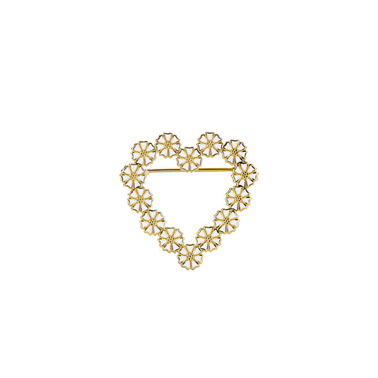 Marguerit broche hjerte, hvid emalje 24 kt guldbelagt sølv.