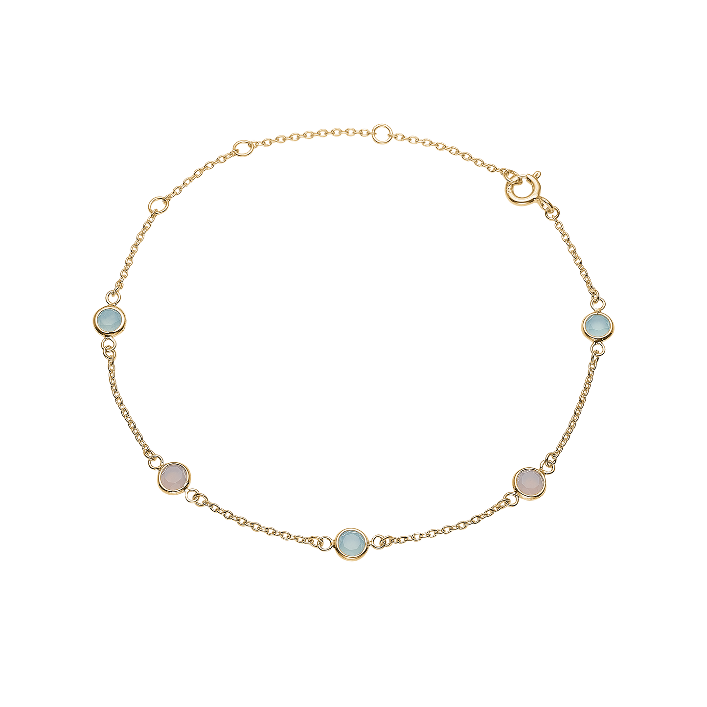 Armbånd 8 Karat Guld i Bølger med Blå og Pink Agat 14,5 + 5,5 cm
