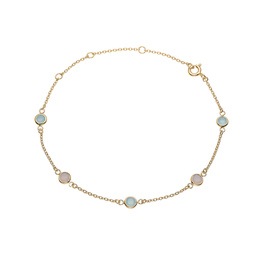 Armbånd 8 Karat Guld i Bølger med Blå og Pink Agat 14,5 + 5,5 cm
