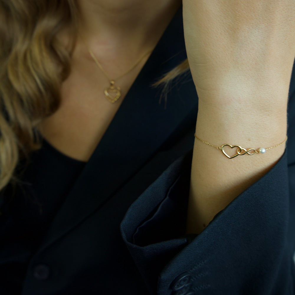Armbånd Hjerte og Uendelighedstegn 8 Karat Guld 17 + 2 cm