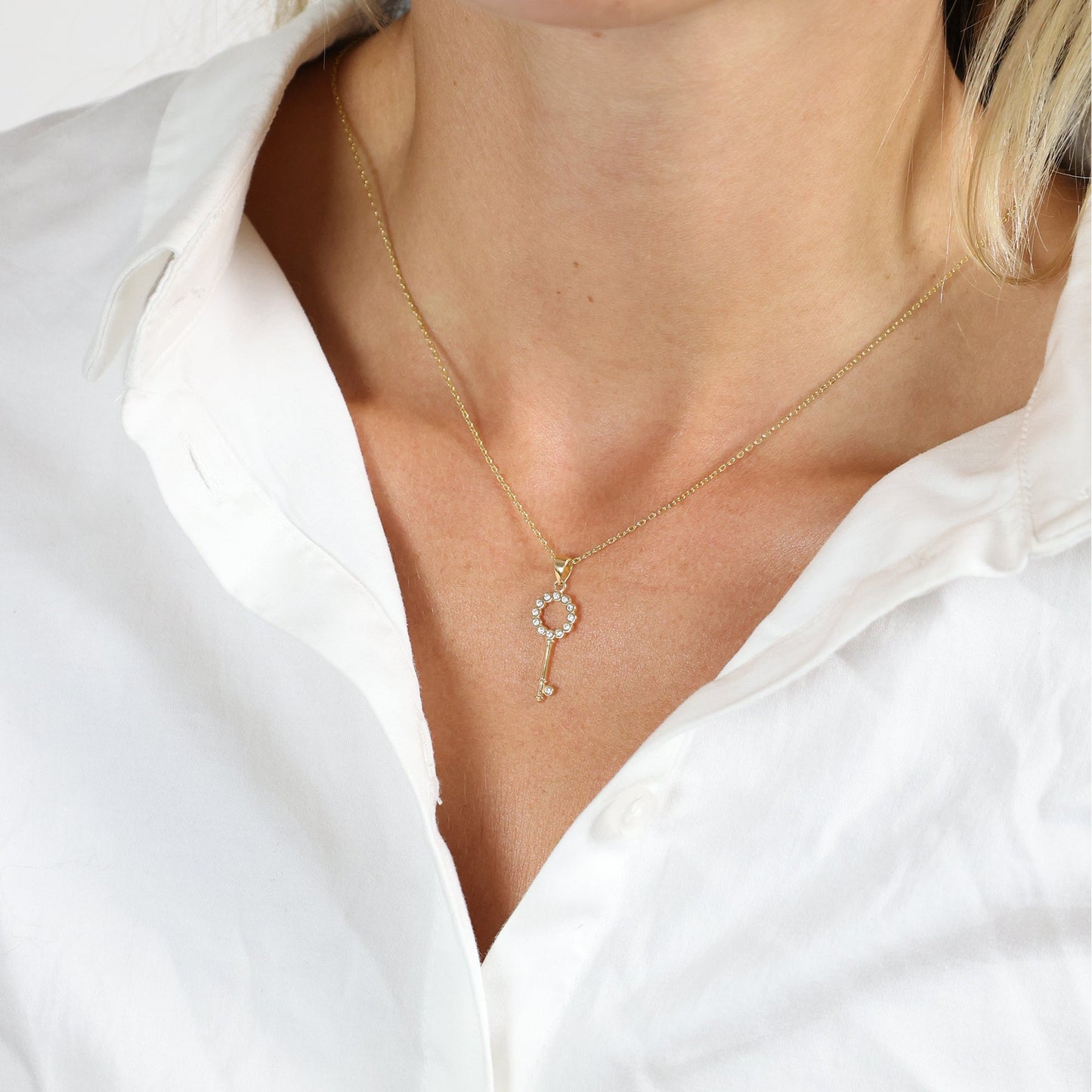 Halskæde med Vedhæng Nøgle med Cubic Zirkonia 8 Karat Guld Forgyldt Sterling Sølv Kæde 45 cm