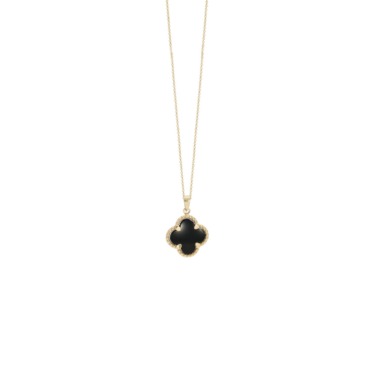 Halskæde med Vedhæng Clover Black Onyx 8 Karat Guld Forgyldt Sterling Sølv Kæde 45 cm